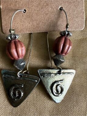 Rustic Coral-Bead and Silver-Tone Triangle Drop Earrings